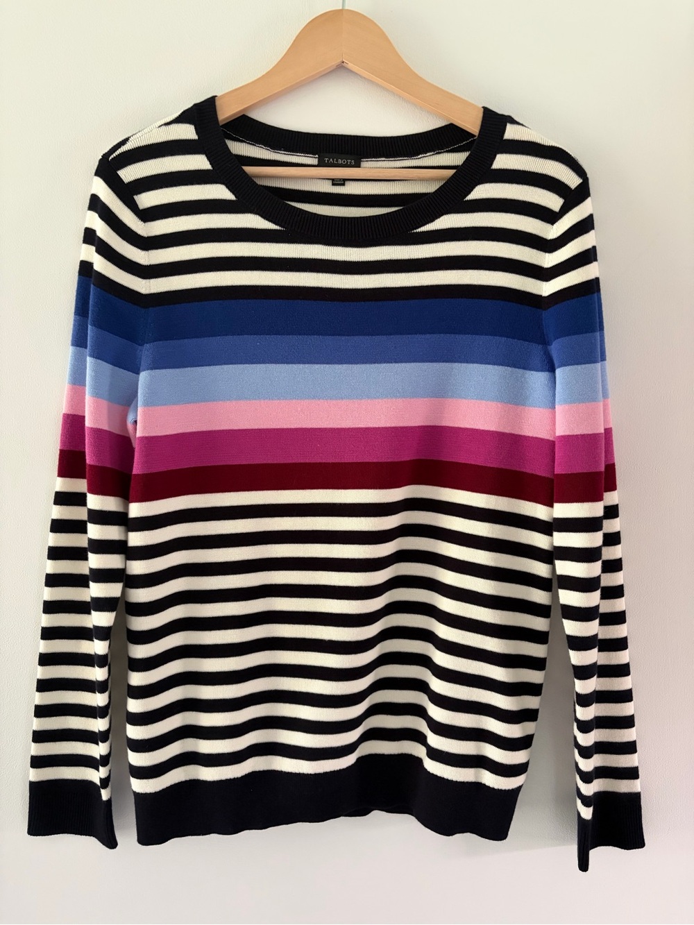Talbots Size Large Multi Color Striped Crewneck Sweater Cotton Blend - Picture 3 of 8